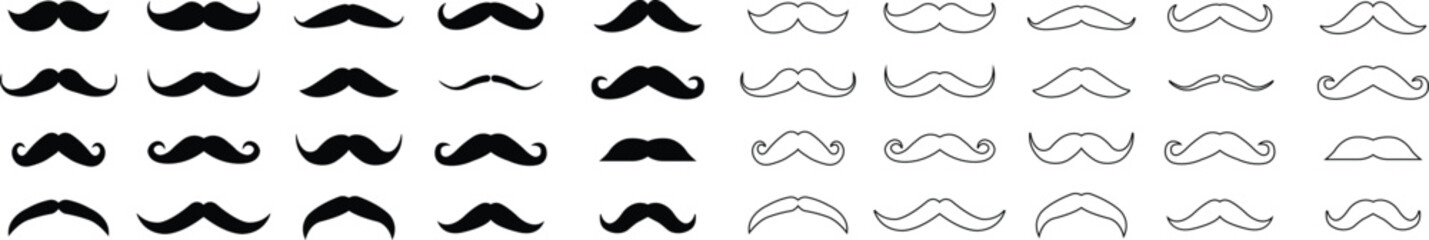 Hipster mustache icon set. Different flat or line vector collection isolated on transparent background. Black silhouette of adult man Italian moustache. Symbol of Fathers day.old facial hair styles.