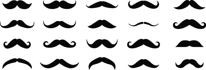 Hipster mustache icon set. Different flat vector collection isolated on transparent background. Black silhouette of adult man Italian moustache. Symbol of Fathers day.old facial hair styles.