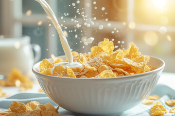 mouthwatering cereal breakfast. Cornflakes with milk. Sunny cozy morning