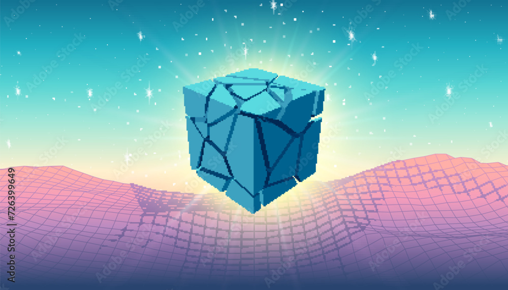 Poster mint blue 3d cube with cracks and particles soaring over the pink landscape in y2k or vaporwave styl