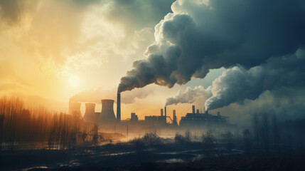 Pollution emission from factories in the fog at sunrise, in the style of youthful energy