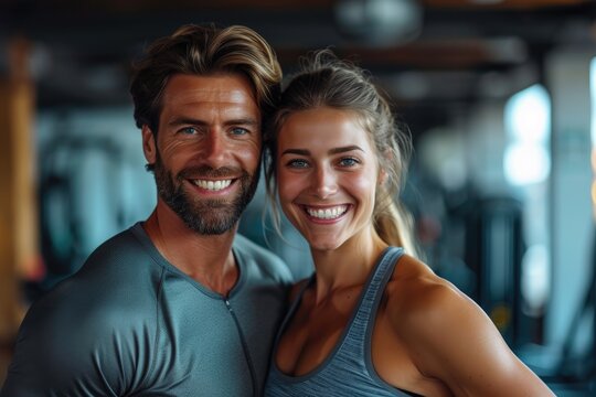 A happy, fit couple leaving the gym. Generative Ai.