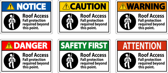 Fototapeta na wymiar Warning Sign, Roof Access - Fall Protection Required Beyond This Point