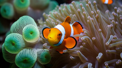 Clownfish inside his anemone and corail, the great barrier reef, Sydney - obrazy, fototapety, plakaty