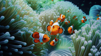 Clownfishes inside their anemone and corail, the great barrier reef, Sydney - obrazy, fototapety, plakaty