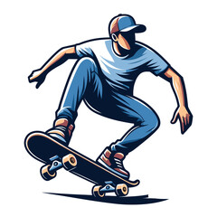 Obraz premium Man playing skateboard vector illustration, skateboarding sport game male player in action flat design style template isolated on white background