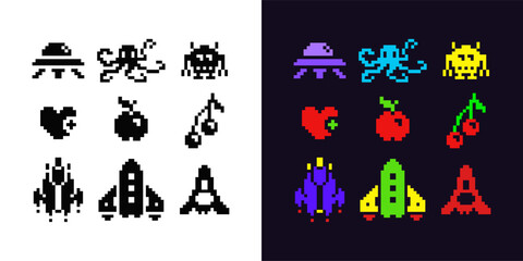 Starship and monsters pixel art 1-bit icon set, black and white emoji, heart, apple and cherry. Isolated vector illustration. Design for mobile application