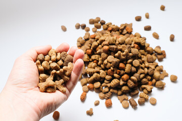 Dry dog food in a male hand against the pile of dry pet food background. Daily Activities POV