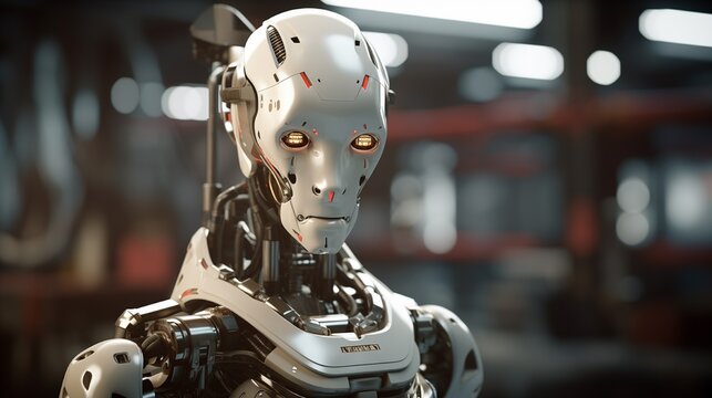 Close up of futuristic war machine robot in white silver and gold color in the sci-fi spaceship factory and laboratory background