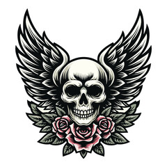 Skull wings vector illustration, winged skull badge emblem template suitable for apparel t-shirt, poster, motorbike club logo, tattoo. Design isolated on white background