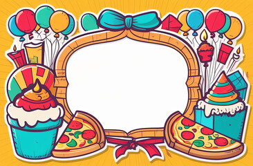 Frame with place for text for birthday, illustration with pizzas