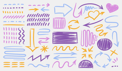 Highlight grunge brush lines, shapes, elements. Big set of hand drawn isolated vector objects on white background. Multicolored doodle strokes. Acid highlighters marker stripes, underlines for any use