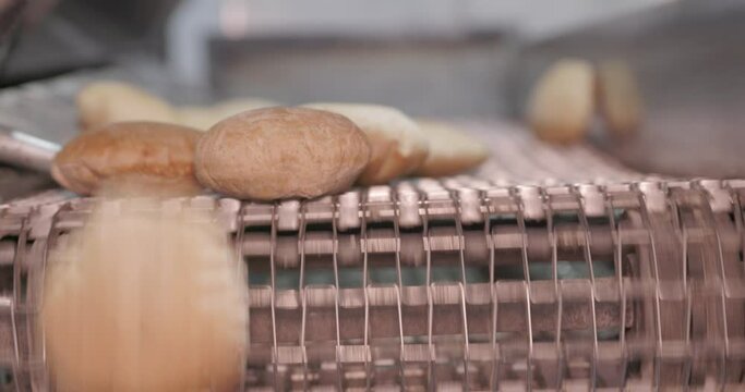 Hot fresh pitas in automatic production line, bakery factory, Before packing 