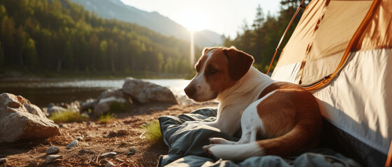 Wilderness retreat; a dog enjoys the sunrise from the comfort of a camping tent - obrazy, fototapety, plakaty
