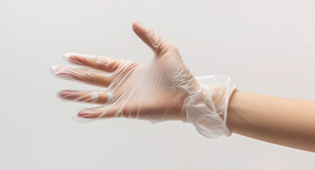 hand in disposable transparent glove isolated on white - obrazy, fototapety, plakaty