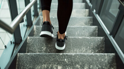 young woman running up the stairs, activewear leggings and shoes