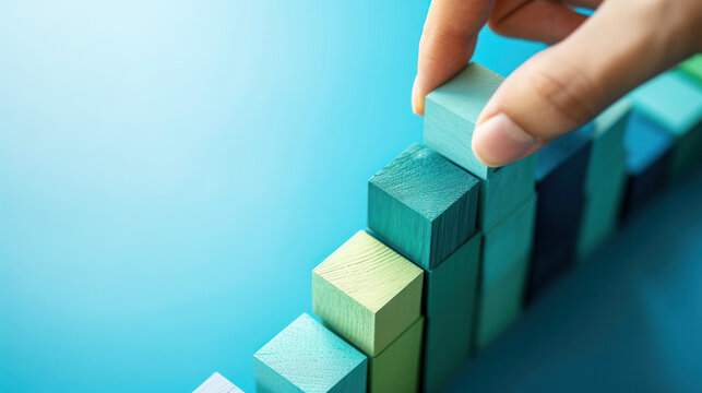 business growth success development process concept, close up hand arranging wood block stacking, background with copy space