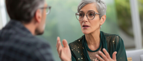 Engaged expertise; an older woman actively communicates her point in a discussion