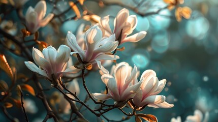 flowering magnolia tree branch at spring with light pink flowers on a turquoise blue colour background. 