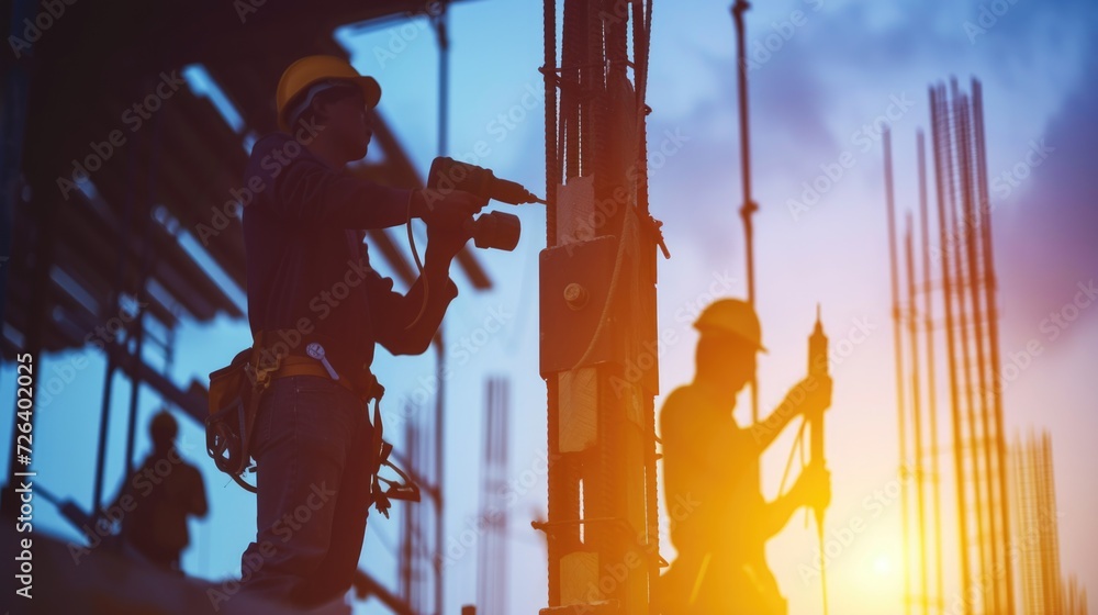 Poster two construction workers are working on a building. this image can be used to depict construction, t