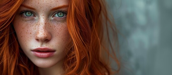 Gorgeous red-haired girl with freckles portrayed in a stunning manner.