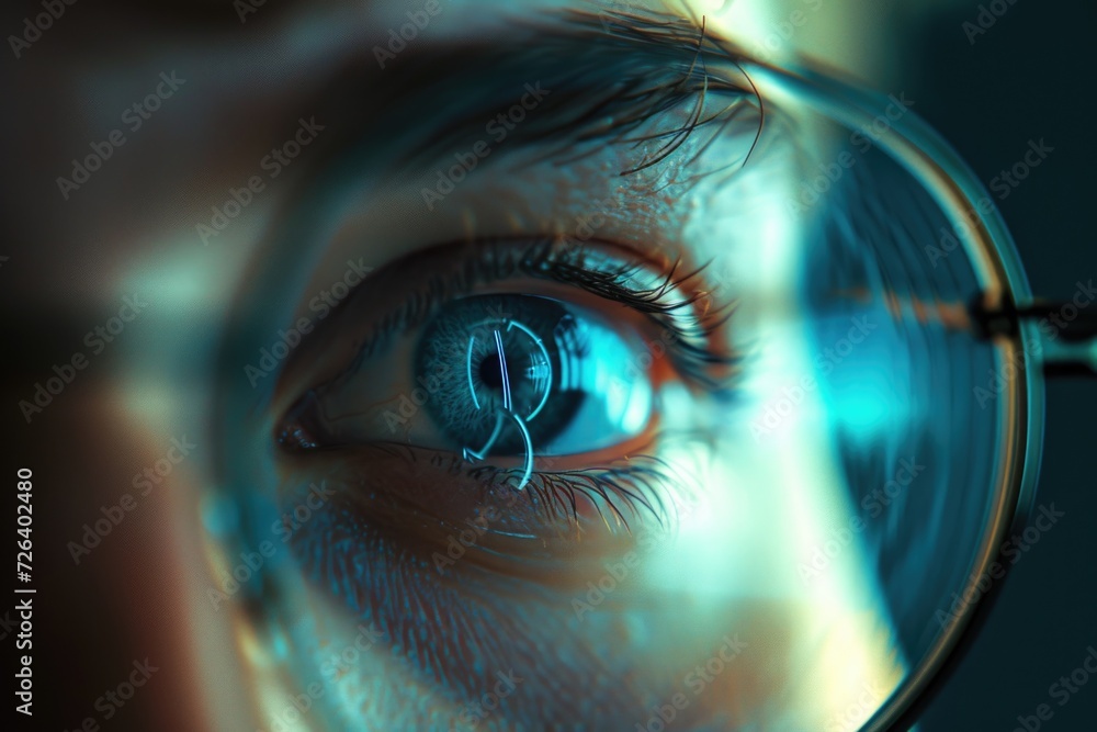 Poster a detailed close-up of a person's eye seen through a pair of glasses. this image can be used to repr