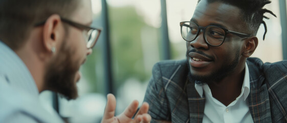 Obraz premium Professional dialogue; two businessmen engage in a serious discussion in a modern setting