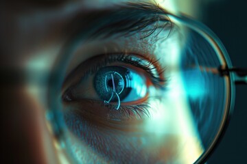 A detailed close-up of a person's eye seen through a pair of glasses. This image can be used to represent vision, eye health, or the use of glasses