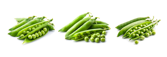 Collage of young green  pea pods on white backgrounds