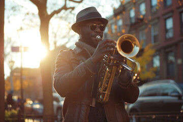 Black man playing jazz instrument, outdoor New York scene