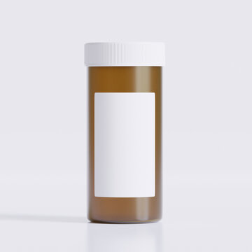 3D rendering of a set of empty labeled medical pill bottles brown color and realistic texture