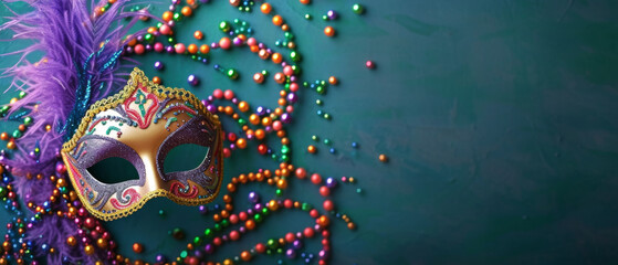 Mardi Gras Masquerade Mask with Festive Decorations, Elaborate Mardi Gras masquerade mask adorned with feathers and beads, set against a bokeh light background, embodying the festive spirit.