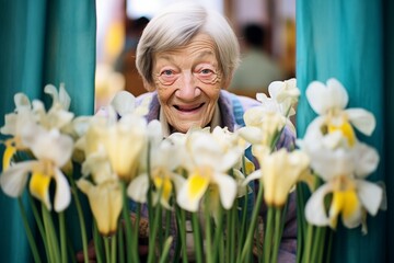 elderly lady beaming with a bunch of irises at a floral exhibition © studioworkstock