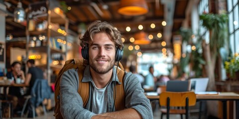 Handsome, cheerful man in a buzzing cafe enjoys music with headphones, blending modern technology and leisure. - obrazy, fototapety, plakaty