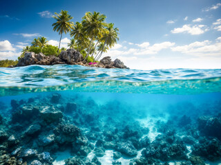 Tropical Paradise with Split View of Palm Island and Coral Reef Underwater