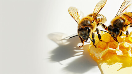 Close-up of two bees flying near a honeycomb. Light white background with copy space. Beekeeping concept. Generative AI