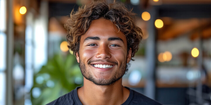 A carefree and happy Hispanic man with a toothy smile, radiating confidence outdoors.