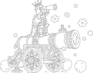 Angry king in a golden crown and solemn royal attire watching an enemy with a spyglass, aiming and going to fire his royal huge cannon, black and white vector cartoon illustration for a coloring book