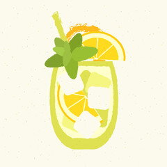 Сocktail with citrus lemon and mint. Citrus refreshing tea. Alcohol drink for bar. Cold soft liquid with ice cubes. Tumbler glass. Non-alcoholic beverage. Flat vector illustration with texture