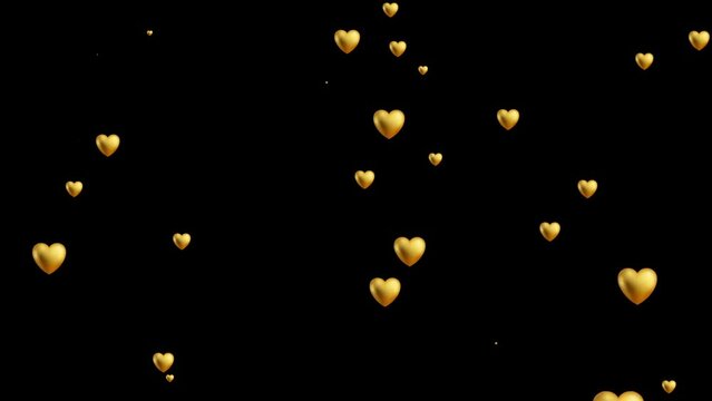 gold heart flying in cinematic slow motion on a black transparent background. Valentine's Day heart background.