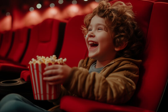 kid smiling and laughing in a movie theater, eating pop corns