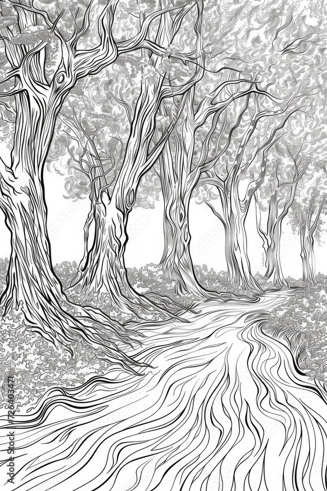 Poster a black and white drawing of a path through a forest. ideal for nature-themed designs and artwork