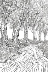 A black and white drawing of a path through a forest. Ideal for nature-themed designs and artwork