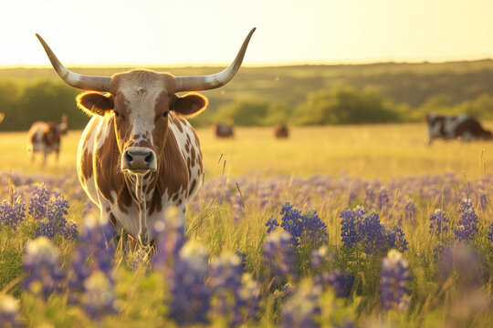 Texas Longhorns bull in a field full of bluebonnets, golden hour time, close up portait shot