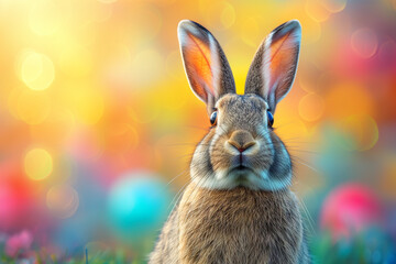 Fototapeta na wymiar Adorable rabbit on a colorful and bright background with copy space, surprised hare observing for Easter and Holy Week play