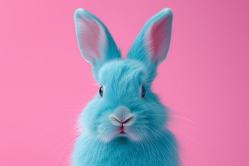 Colorful Easter bunny, soft-furred rabbit in cyan blue on a pink background for Holy Week activities