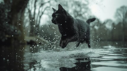 a black cat is jumping from a tree to a lake , black and white photography with blue tones - obrazy, fototapety, plakaty