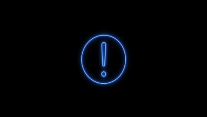 Glowing neon warning circle icon on black background. Neon exclamation mark. Icon set, sign, symbol, 3d illustration. Neon light text icon.