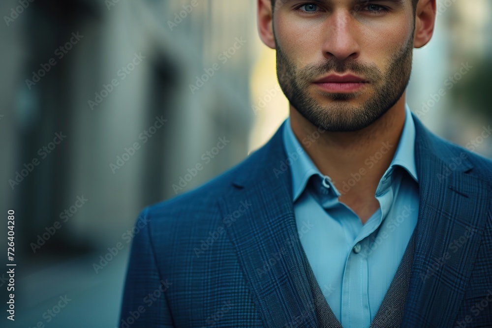 Wall mural Portrait of handsome businessman in suit walking on urban street