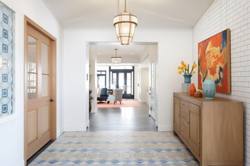 spacious foyer with double doors and a patterned tile design